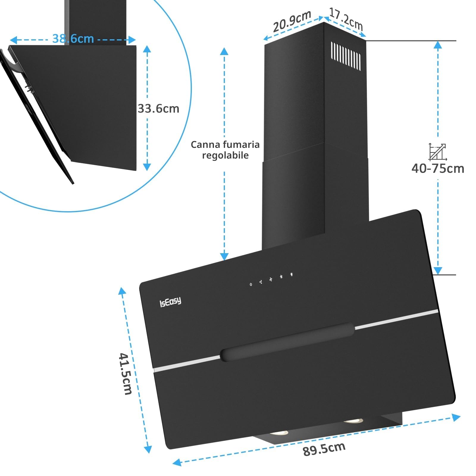IsEasy Cappa Cucina, Cappa Aspirante 90cm di Scarico/Ricircolo con 578 m³/h Forte Potenza di Aspirazione, 3 Livelli di Regolazione, Funzionamento Touch, Nero, 58 dB, Efficienza A++
