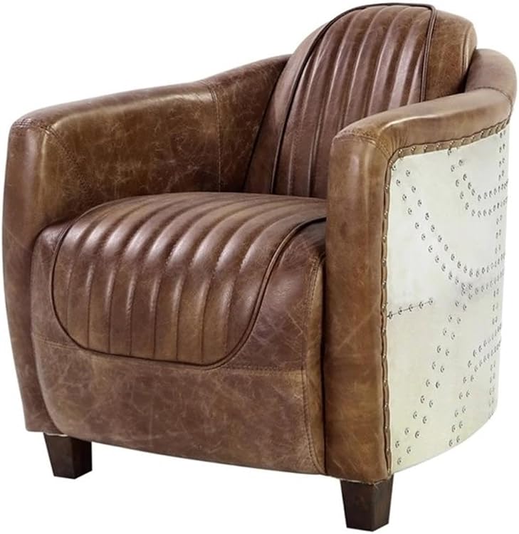 Acme Brancaster Retro Brown Top Grain Leather Aluminum Accent Chair