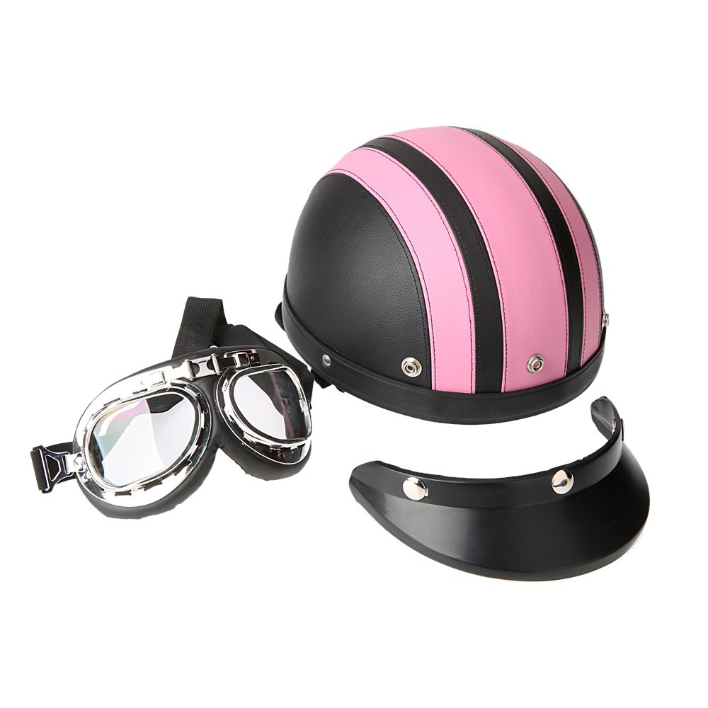HUIOP Casques de Trottinette,Moto Scooter Open Face Demi Casque de Cuir avec visière UV Lunettes Retro Vintage Style 54-60cm