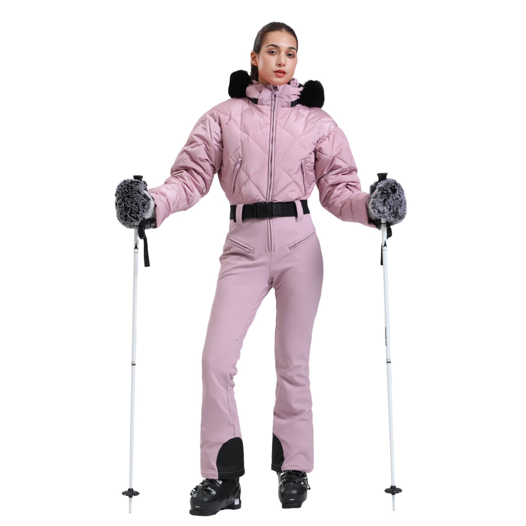 GSOU SNOW Womens Ski Suits Down One Piece Snowsuit Waterproof Snowboard Jumpsuits Winter Ski Outfit: X-Large Pink