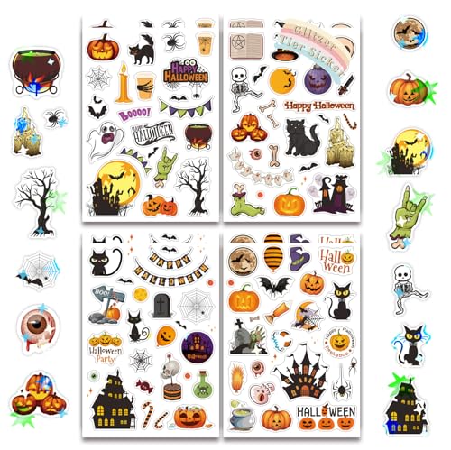FloraVigo 8-teilige Halloween-Glitzeraufkleber mit Glitzereffekt über 200 Muster von Glitzeraufklebern Happy Halloween geeignet für Kinder Mädchen Scrapbook-Album-Geschenke
