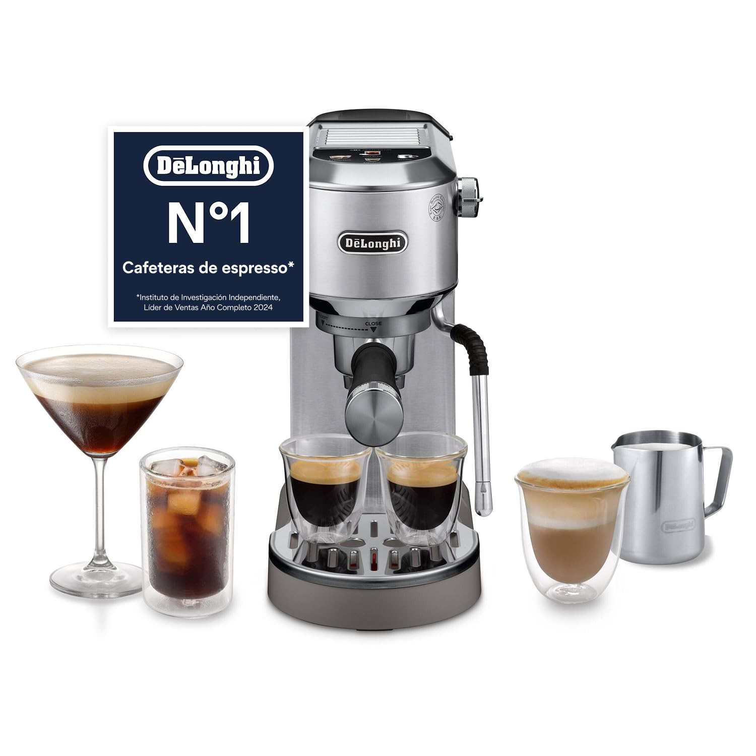 De’Longhi Dedica Duo – Perfetto Cafetera Espresso Manual Compacta con Espumador de Leche Manual, para Espresso, Cappuccino y Cold Brew, Iconos Táctiles en Color, Ancho 15 cm, Metal (EC890.M)