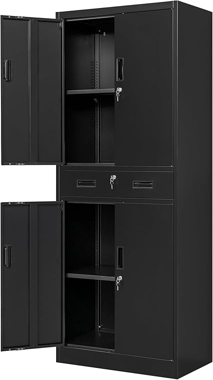 Metal Storage Cabinets with 1Drawer, 71" Storage Cabinet with 4 Locking Doors and 2 Adjustable Shelves, Steel Storage File Cabinet for Pantry Home, Kitchen, Office, Garage (Black)