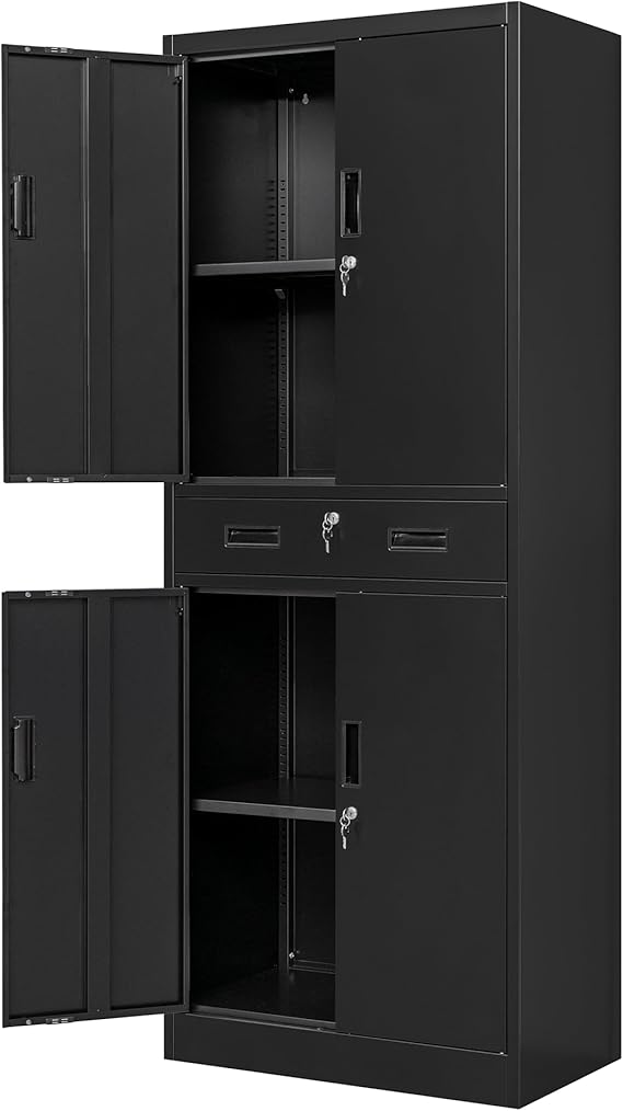 Metal Storage Cabinets with 1Drawer, 71" Storage Cabinet with 4 Locking Doors and 2 Adjustable Shelves, Steel Storage File Cabinet for Pantry Home, Kitchen, Office, Garage (Black)