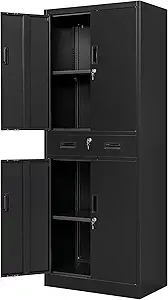 Metal Storage Cabinets with 1Drawer, 71" Storage Cabinet with 4 Locking Doors and 2 Adjustable Shelves, Steel Storage File Cabinet for Pantry Home, Kitchen, Office, Garage (Black)
