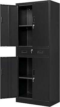 Metal Storage Cabinets with 1Drawer, 71" Storage Cabinet with 4 Locking Doors and 2 Adjustable Shelves, Steel Storage File Cabinet for Pantry Home, Kitchen, Office, Garage (Black)