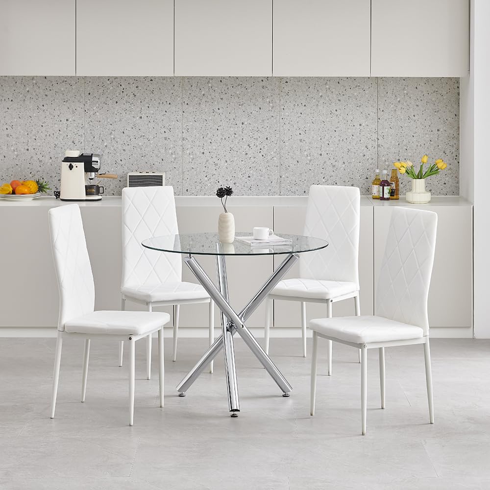Pantanal 90cm Round Glass Dining Table and White Velvet Chairs Set of 4, Modern 5 Pieces Compact Kitchen Table with 4 Elegant Argyle Grid Chairs for Dinette Restaurant Small Space