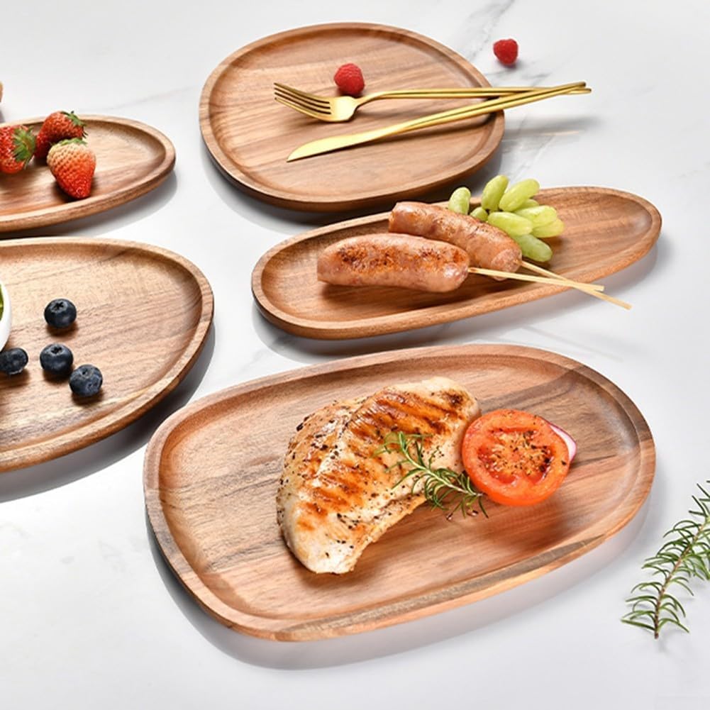 Vassoio ovale in legno di acacia fatto a mano, piatto irregolare per caffè, tè, bevande e dessert, decorazione rustica per la casa e gli elementi essenziali per la cucina (30,5 x 20 cm)