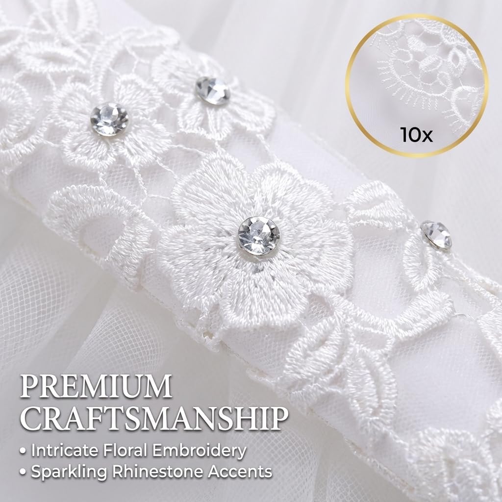 Bridal Lace Fingerless Gloves, White Floral Hollow-Out Design with Rhinestones, Long Length, Wedding Party Accessories, 1 Pair
