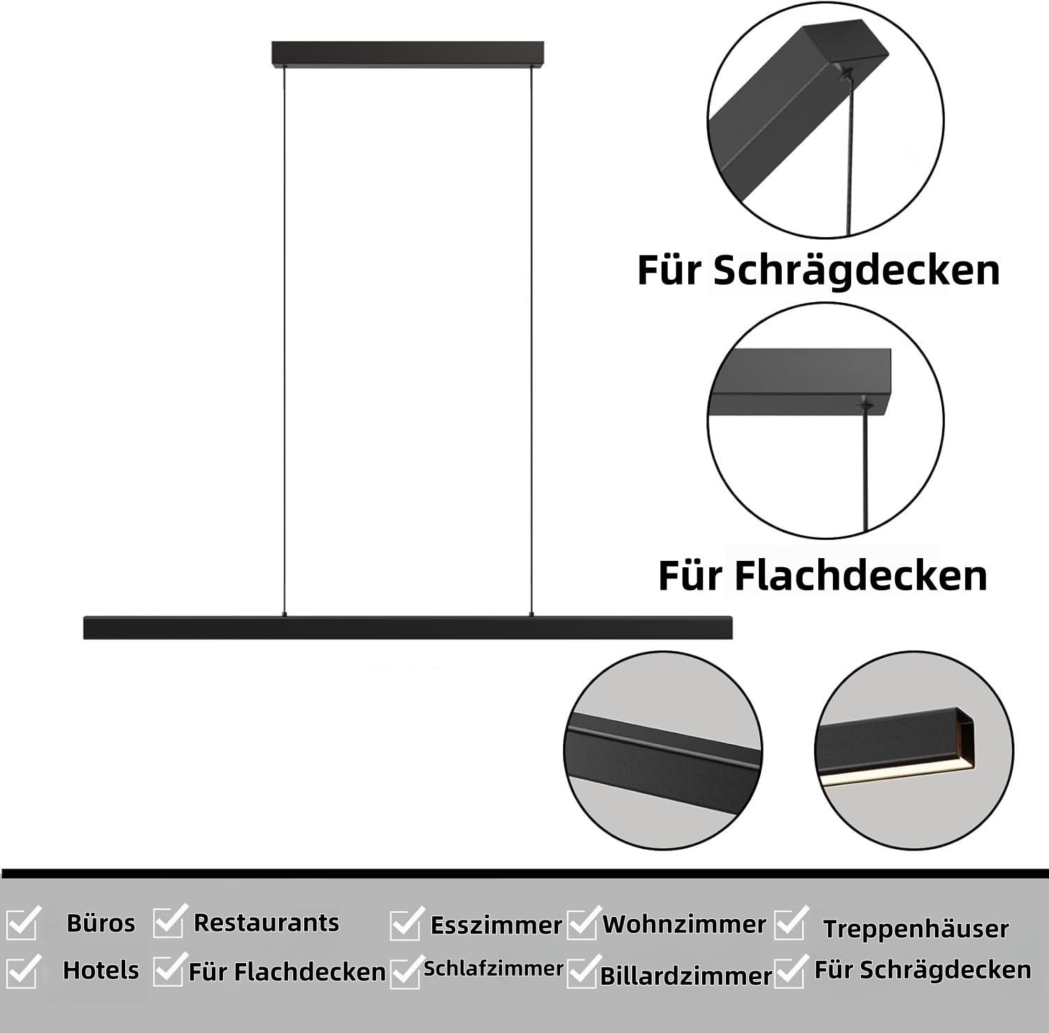 Moderne LED Esstisch Pendelleuchte, 3000K/4000K/6000K 10%–100% Farbtemperatur Linear Lampe Hängend, Dimmbar mit Fernbedienung Hängelampe für Küche, Wohnzimmer, Esszimmer, Schlafzimmer- Schwarz 120CM