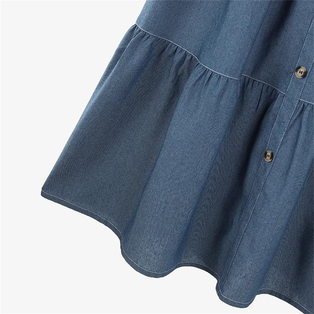 Jupe en denim bleu uni avec taille élastique pour femme - Jupe trapèze décontractée et ample pour le travail