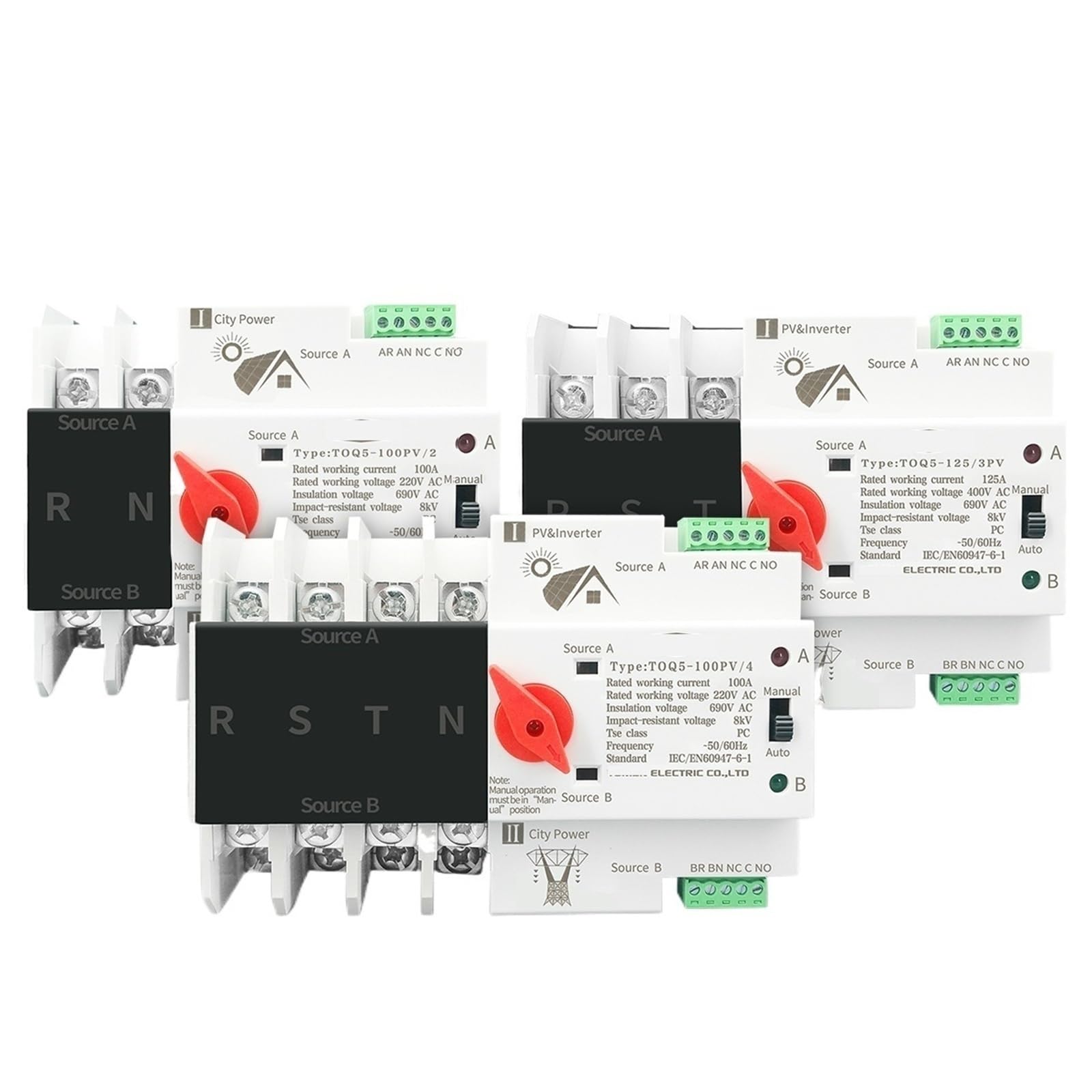 YFHGULBTK 2P 3P 4P Din Rail PV and Inverter Dual Power Automatic Transfer Selector Switches Uninterrupted 63A 100A 125A 1Pcs(100A,3P)