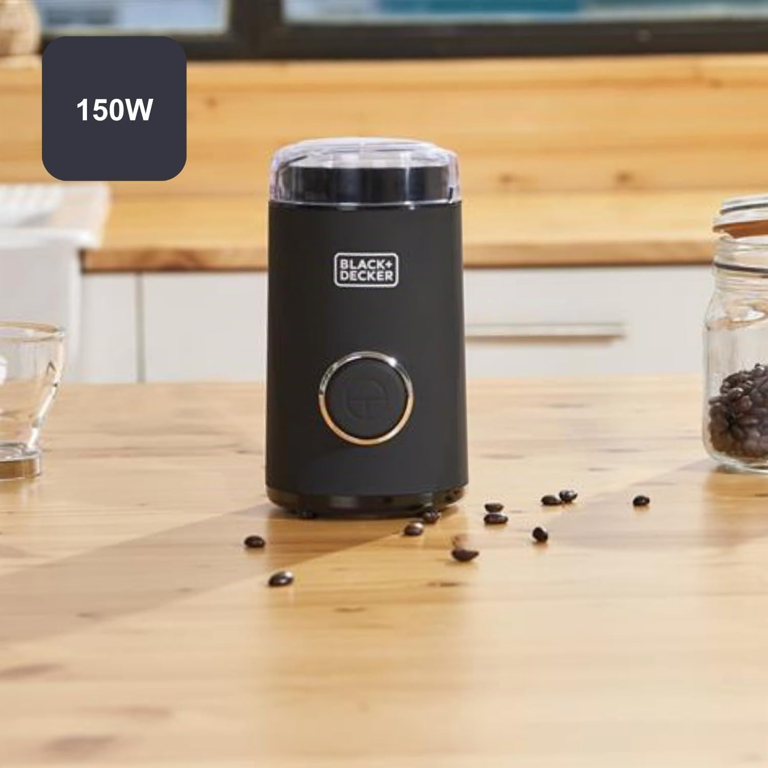 BLACK+DECKER BXCG150E - Molinillo de Café | Eléctrico 150W | 12 Tazas Café | Café y Especias | Depósito Granos 50g | Compacto | Cuchillas y Depósito Acero Inox | Tapa Transparente | Recogecable