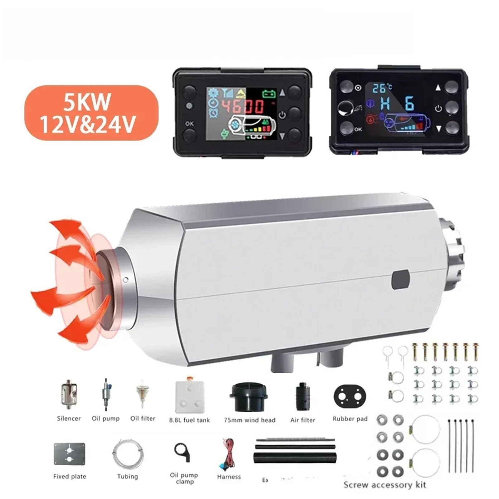 nagrzewnica powietrza Ogrzewacz samochodowy Diesel 12V 24V, obudowa aluminiowa, 5 kW, ogrzewanie postojowe, przełącznik LCD do samochodu, jachtu, łodzi(12V)