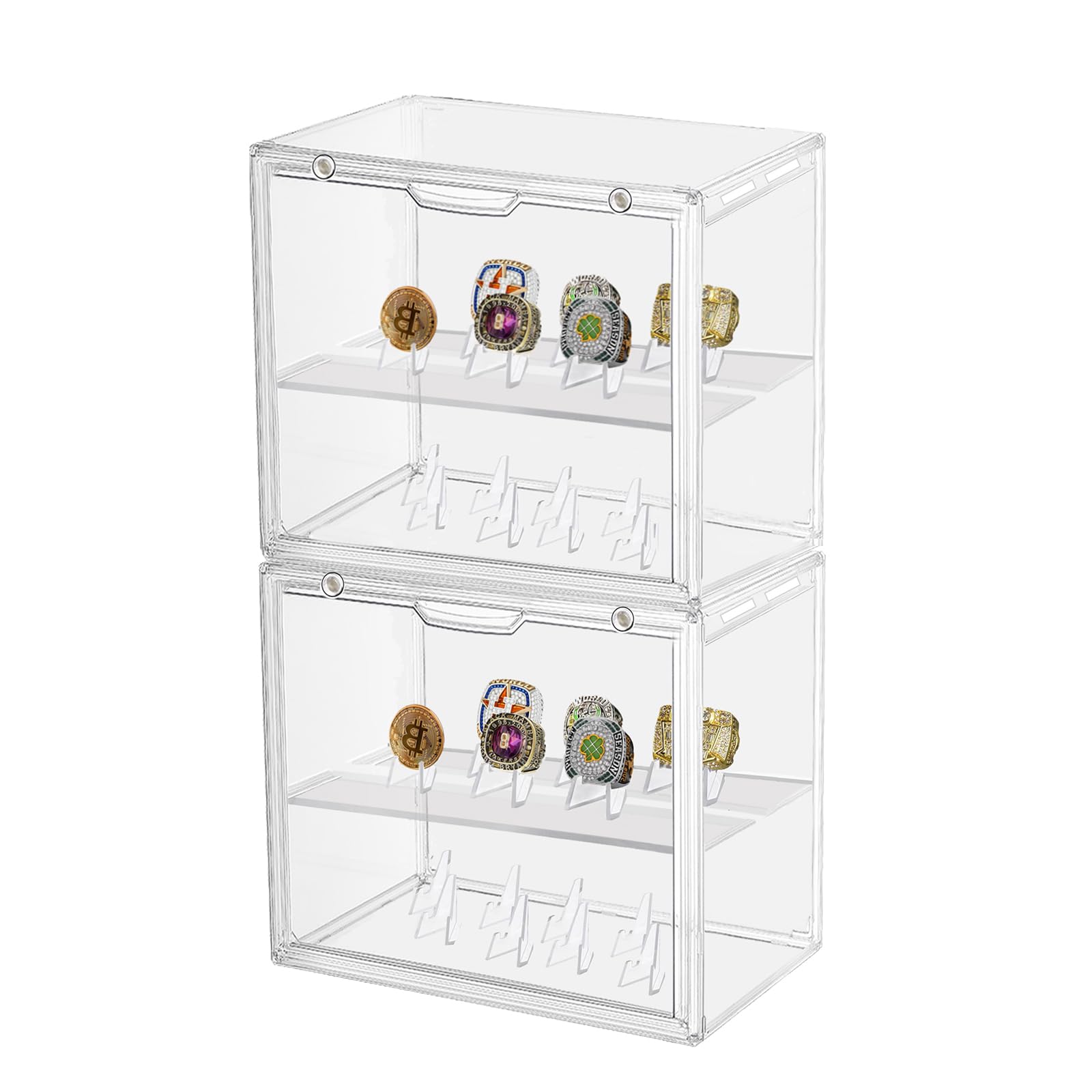 Yushen2Pcs Championship Ring Display Case with 28Pcs Clear Coin Display Holder Ring Stand, Magnetic Large Display Organizer for Ring Mini Figures Desktop Decoration