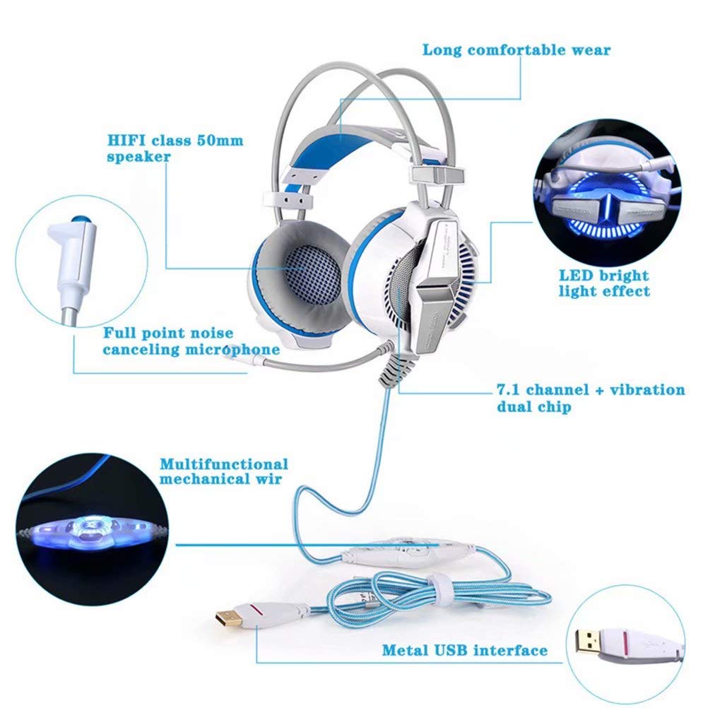 CSZH 7.1 Virtual Bass Surroun Headphones Cuffie Headban con microfono per Xbox One PC Laptop Tablet Mac Smart Phone (bianco blu)