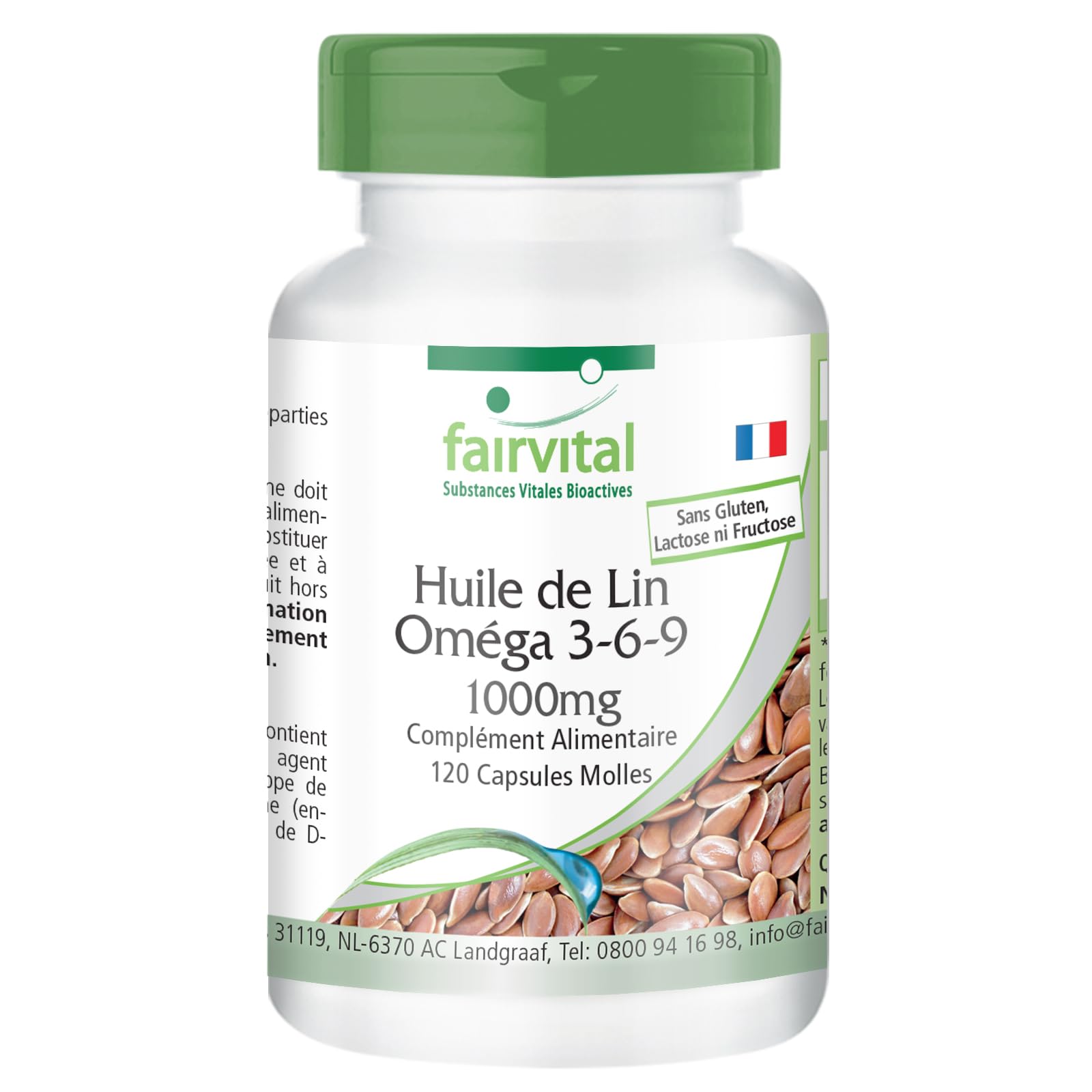 fairvital Oméga-​3-​6-​9, gélules, HAUTEMENT DOSÉES avec 2000mg d'huile de lin (Flaxseed Oil) par dose journalière, acide linoléique et alpha-​linolénique naturels, pressés à froid, 120 gélules molles