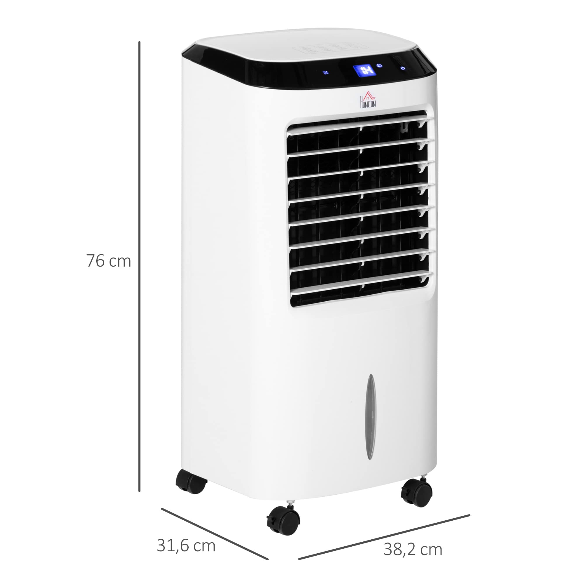 HOMCOM Refroidisseur d'air ventilateur humidificateur ioniseur 4 en 1 sur roulettes télécommande 3 modes 3 vitesses minuterie et oscillant réservoir 10L 2 blocs réfrigérants blanc noir