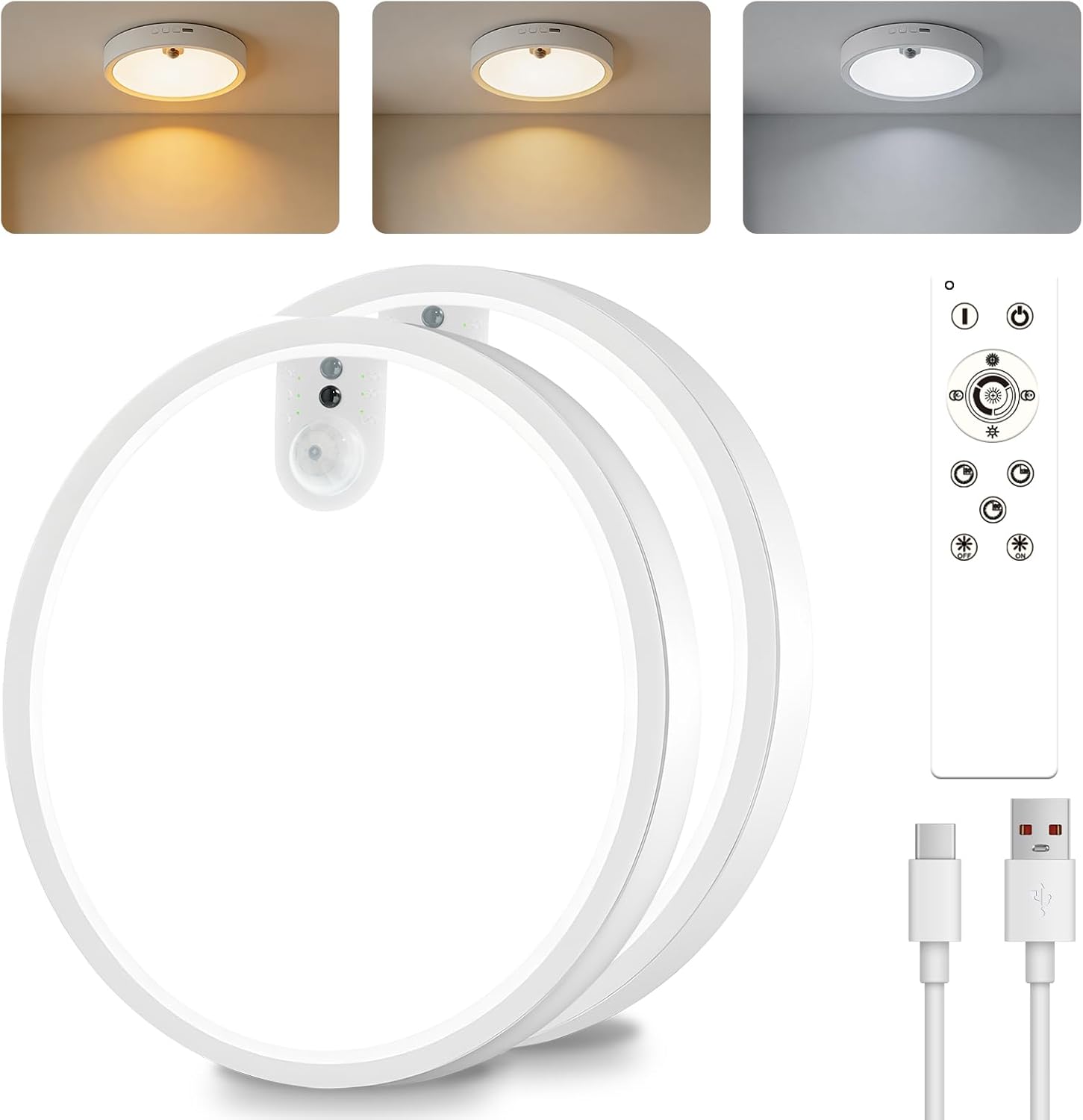 Wireless Motion Sensor Ceiling Light, 7-Inch Rechargeable, 2-Pack