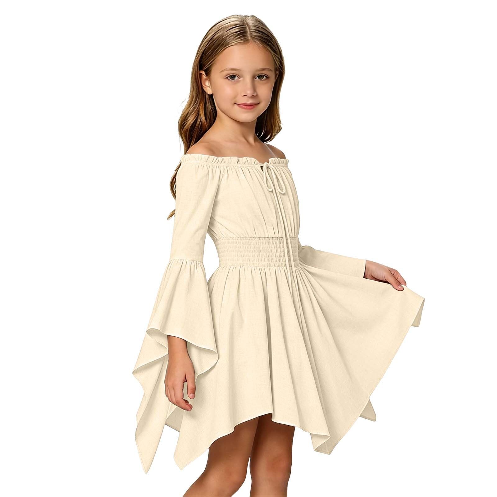 Girls Medieval Short Dress Off Shoulder Pirate Dress Medieval Dress, Elastic Smocked Waist, Flared Sleeve, Renaissance Steampunk Style, Halloween Cosplay Carnival Costume — image 1