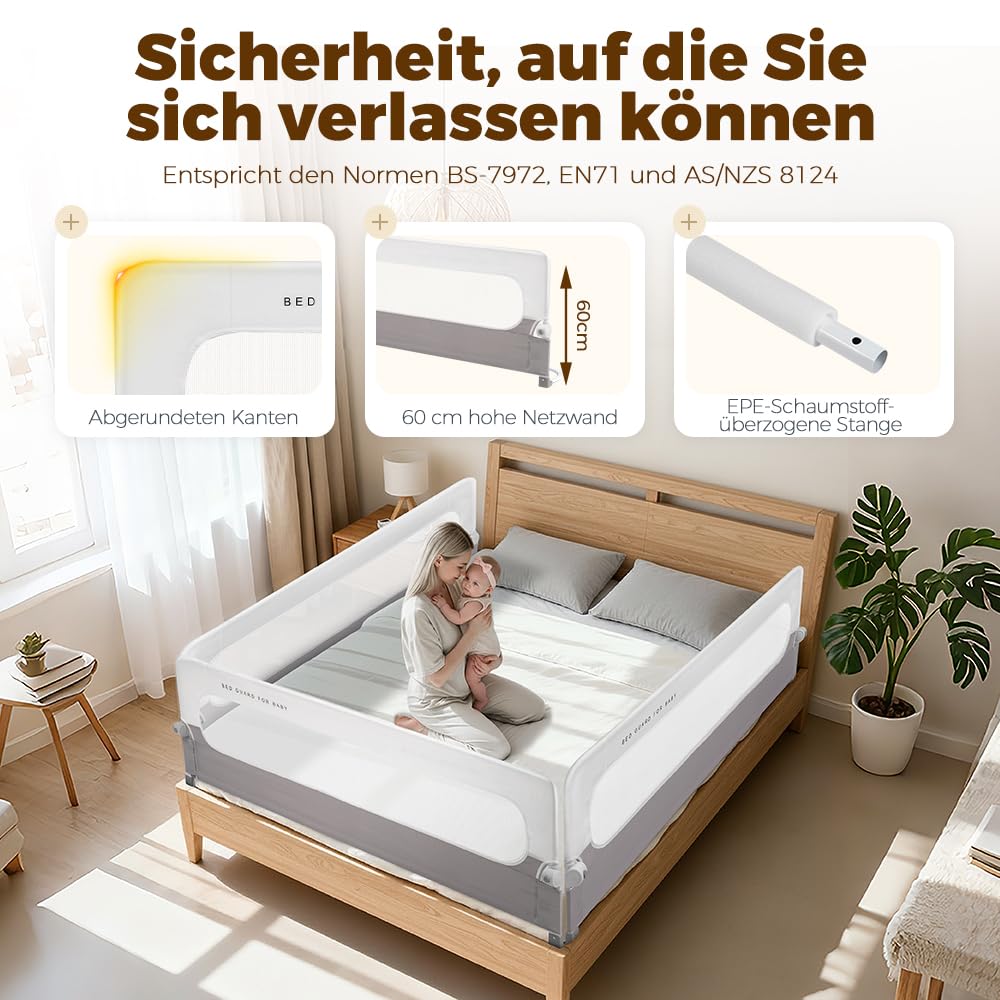 Playpals Baby Bettgitter 150 cm, faltbar & Aufgerüstete U-förmige Basis | 60 cm Höhe stoßfest, Knopf zum Zusammenklappen für den Zugriff, fester Ankergurt, für Queen-, King-, Twin- und Doppelbett