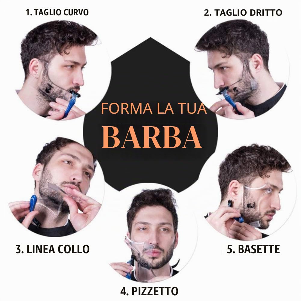 Strumento per modellare la barba da uomo con pettine integrato, modello trasparente per pettine, baffi, basette, mascella, guancia/collo, simmetrico/curva/taglio a gradini (trasparente)