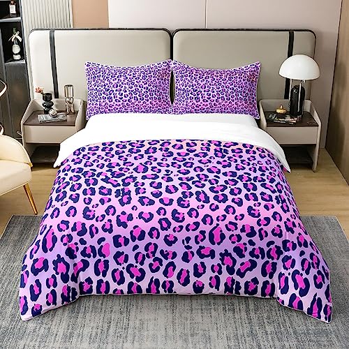 Leopard Print Cotton Duvet Cover Set Double Size Girls Pink Purple Cheetah Print Bedding Set Wild Animal Theme Comforter Cover Set for Girl Teens Bedroom Decor Bedspread Cover ( No Comforter)