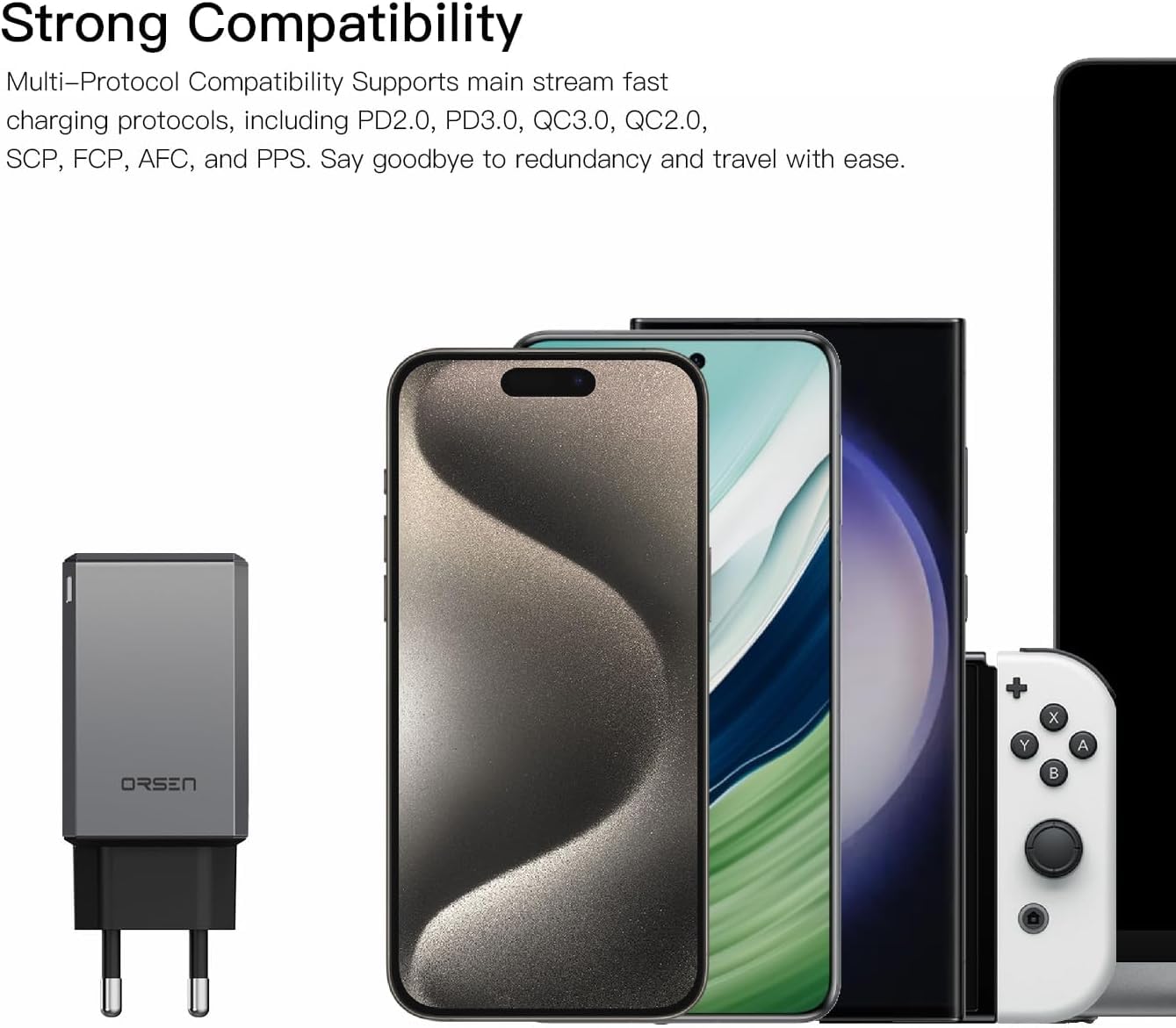 ORSEN C61T GaN ładowarka 65 W, 4 porty USB C, USB A, szybka ładowarka PD, zasilacz podróżny do laptopa, tabletu, smartfona, szara