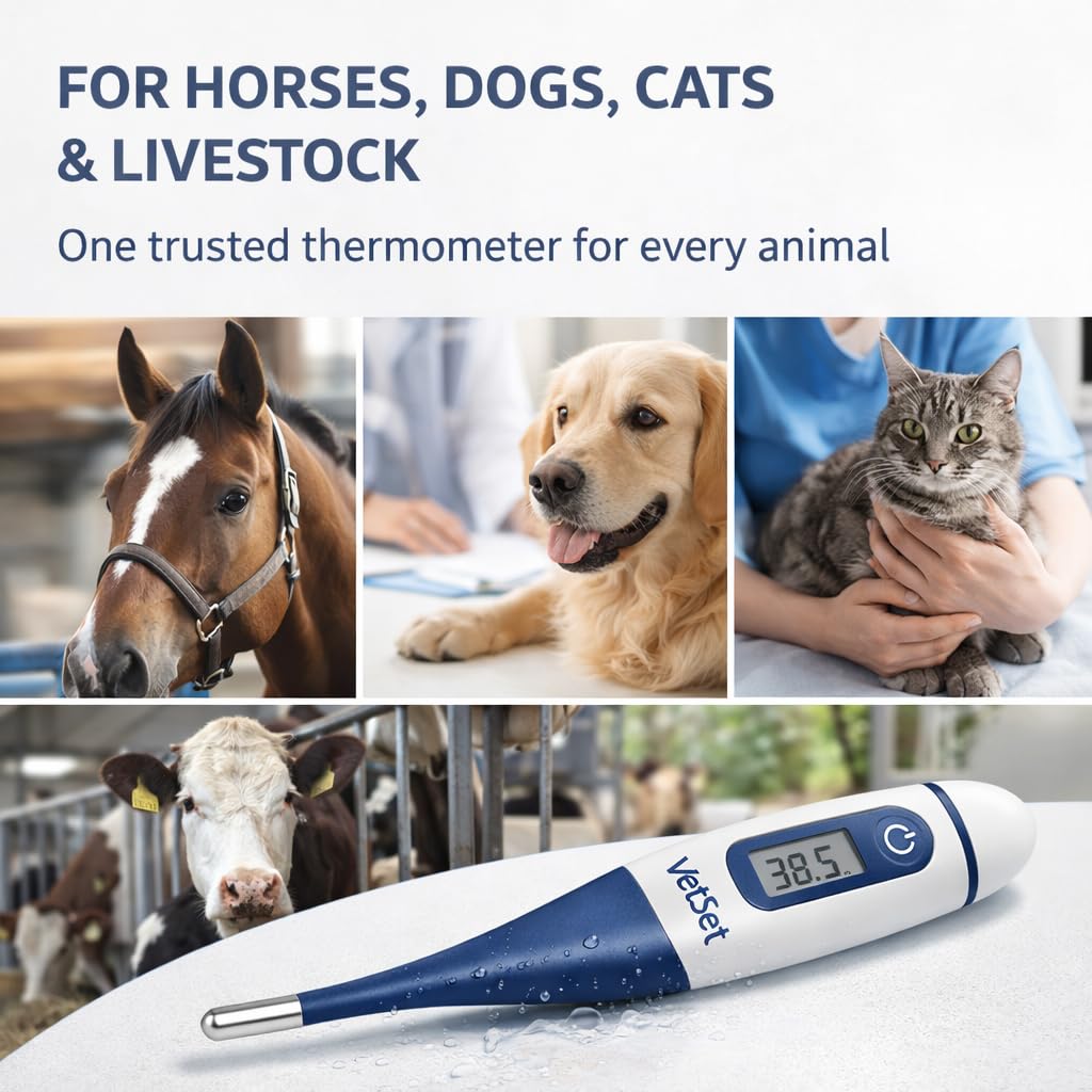 Digitales Veterinärthermometer für Pferde, Hunde, Katzen, Rinder, Nutztiere | Flexible wasserdichte Spitze | Schnelle genaue Messwerte | Aufzeichnung der letzten 5 Temperaturen | 60 Sekunden Messzeit
