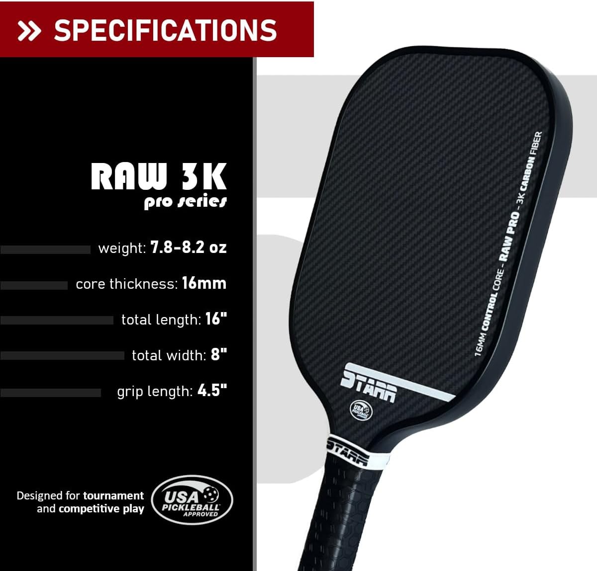 STARR Raw Pro Pickleball Paddle | 16mm Honeycomb Core | 3K Carbon Fiber Control Surface