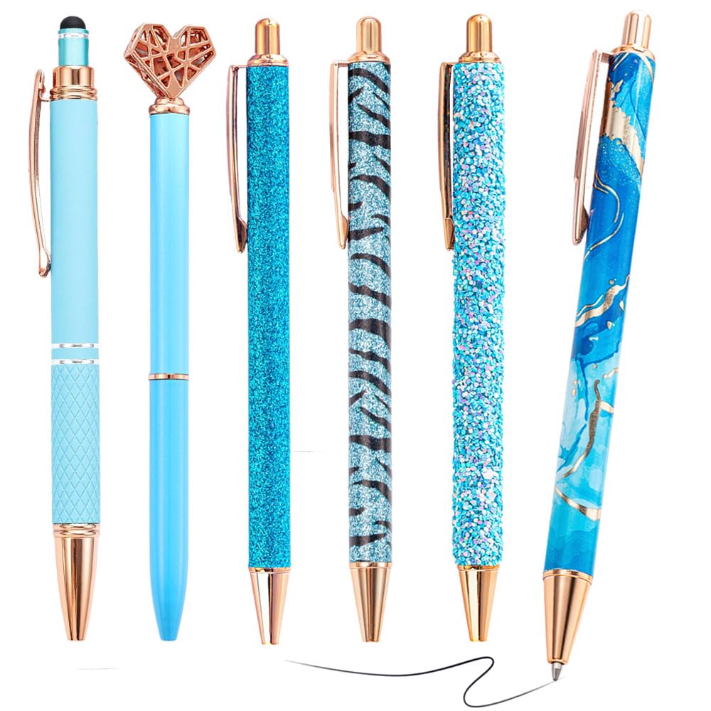 Belegao 6PCS Ballpoint Pens for Women Blue Set - Bling Metal Ball Point Pen Black Ink Fancy Retractable 1.0mm Smooth Writing for Teachers Mother Birthday Womens Day Gifts, Home Office School โ image 1