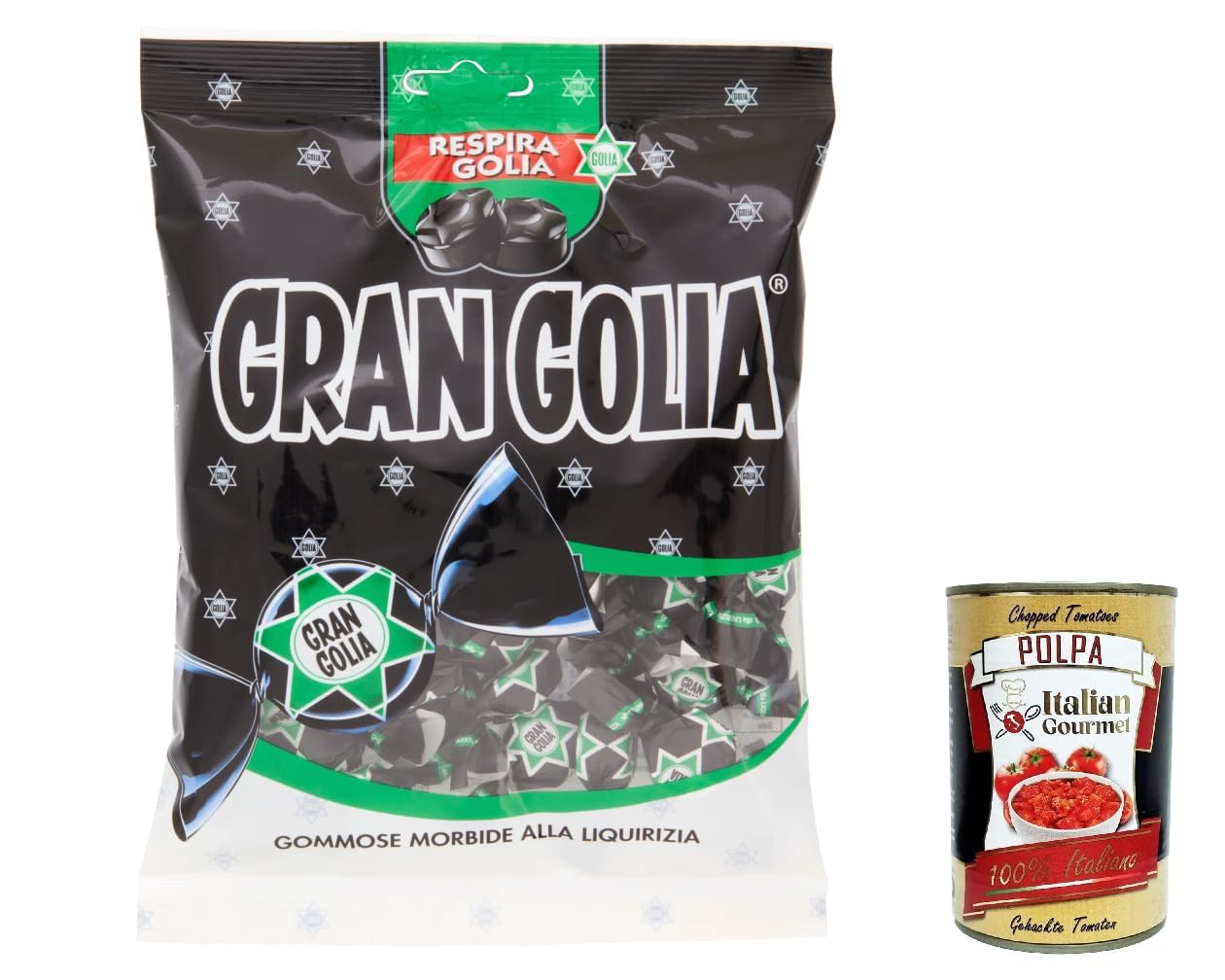 Italian Gourmet Bundle Golia, 12x Bonbons gommes goût réglisse 180 g, sachets XXL à partager, confiserie italienne moelleuse, idéal bureau & fêtes, + Italian Gourmet Polpa tomates concassées
