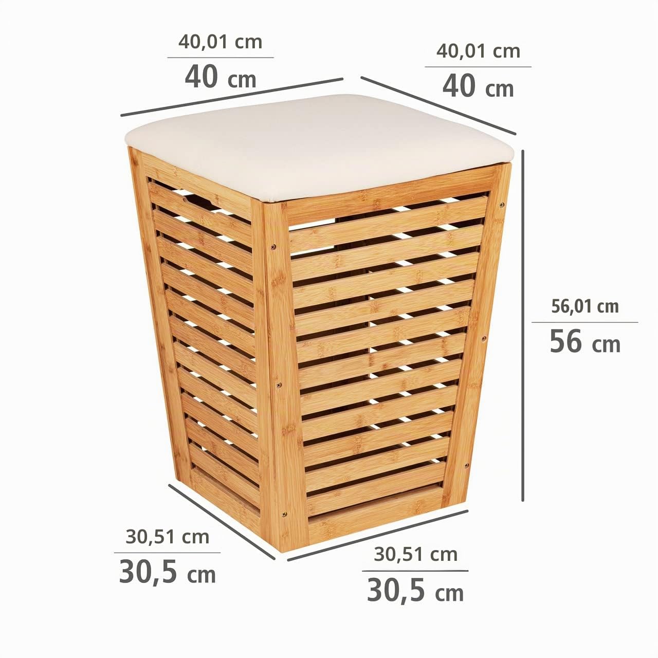 Wenko Cesto della biancheria Bambusa con cuscino imbottito, cesto conico,capacità 55 l e sedile color crema con portata fino a 120 kg, sgabello con vano per biancheria, 40 x 56 x 40 cm, 25143100