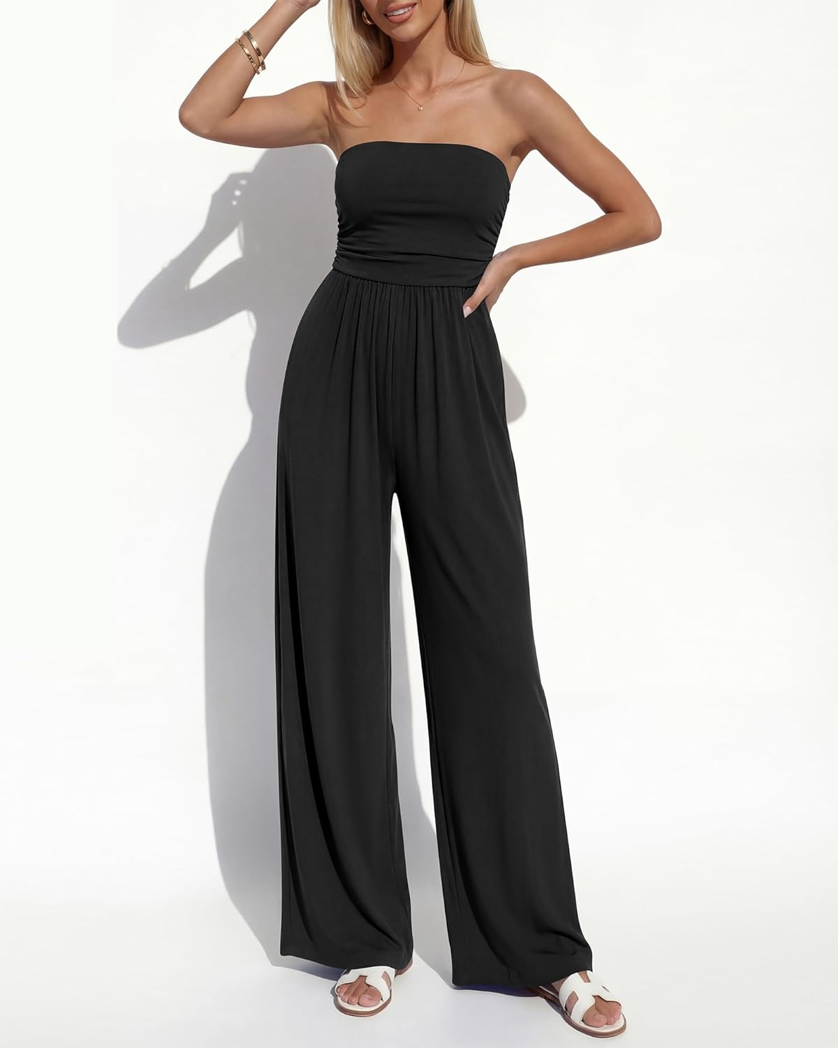 BTFBM Jumpsuits For Women Summer 2026 Beach Vacation Strapless Tube Top Jumpsuit Ruched Casual Wide Leg Pant Rompers - Image 5