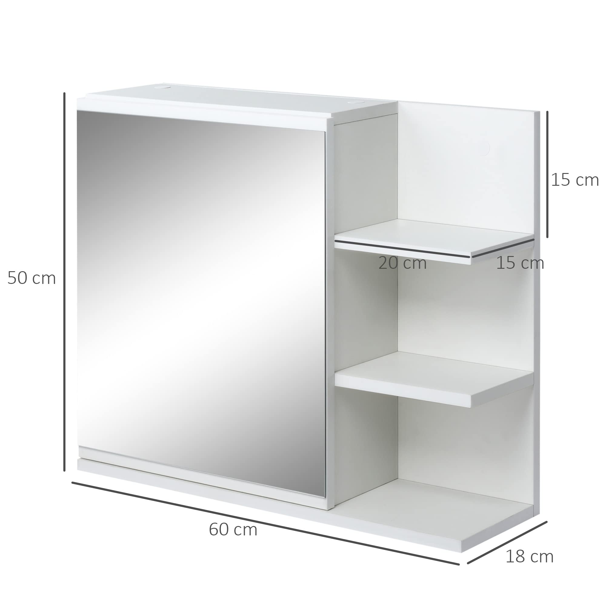 kleankin Armario de Baño con Espejo Armario con Espejo para Baño con 3 Estantes Abiertos y 1 Estante Interior Estilo Moderno 60x18x50 cm Blanco