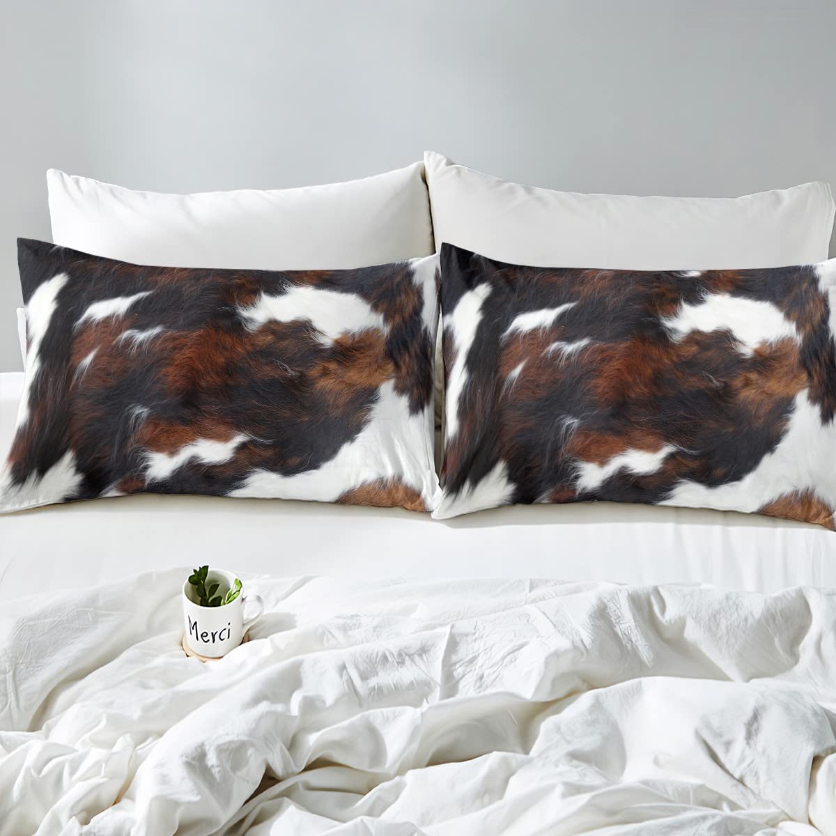 Juego de sábanas con estampado de piel de vaca para niños, color marrón y blanco, con bolsillo profundo, sábana bajera ajustable, juego de sábanas de animales de granja, juego de ropa de cama