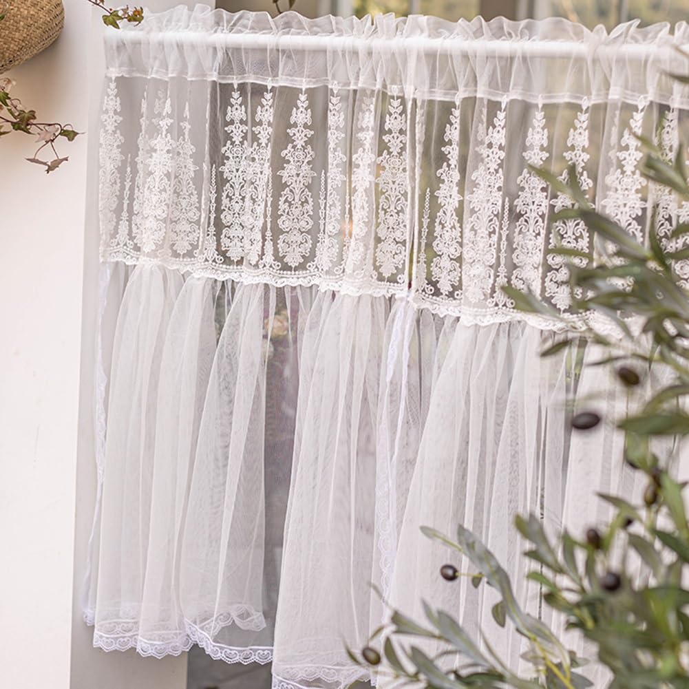 Tendine Corte a Motivo Floreale Bianco, Mezza Tenda in Pizzo per Camera da Letto Cucina, 1 Pezzi(W: 150 X L:100CM/59X39IN)