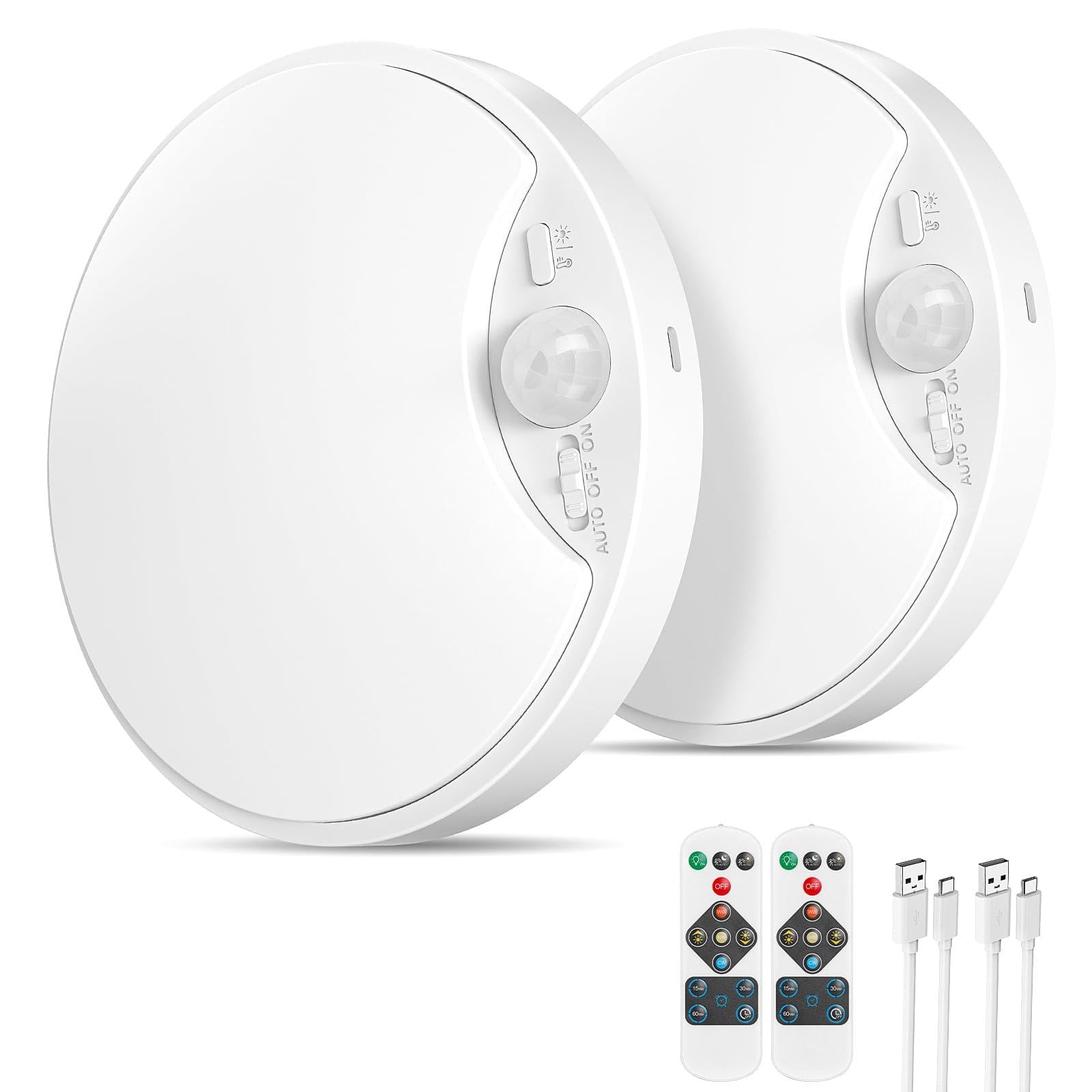Photo 1 of 2 Pack 10000mAh Rechargeable Motion Sensor Ceiling Light with Remote, Battery Operated Closet Light No Wiring, Magnetic Wireless LED Ceiling Lights, 3 Color Overhead Lamp for Shower Pantry Hallway