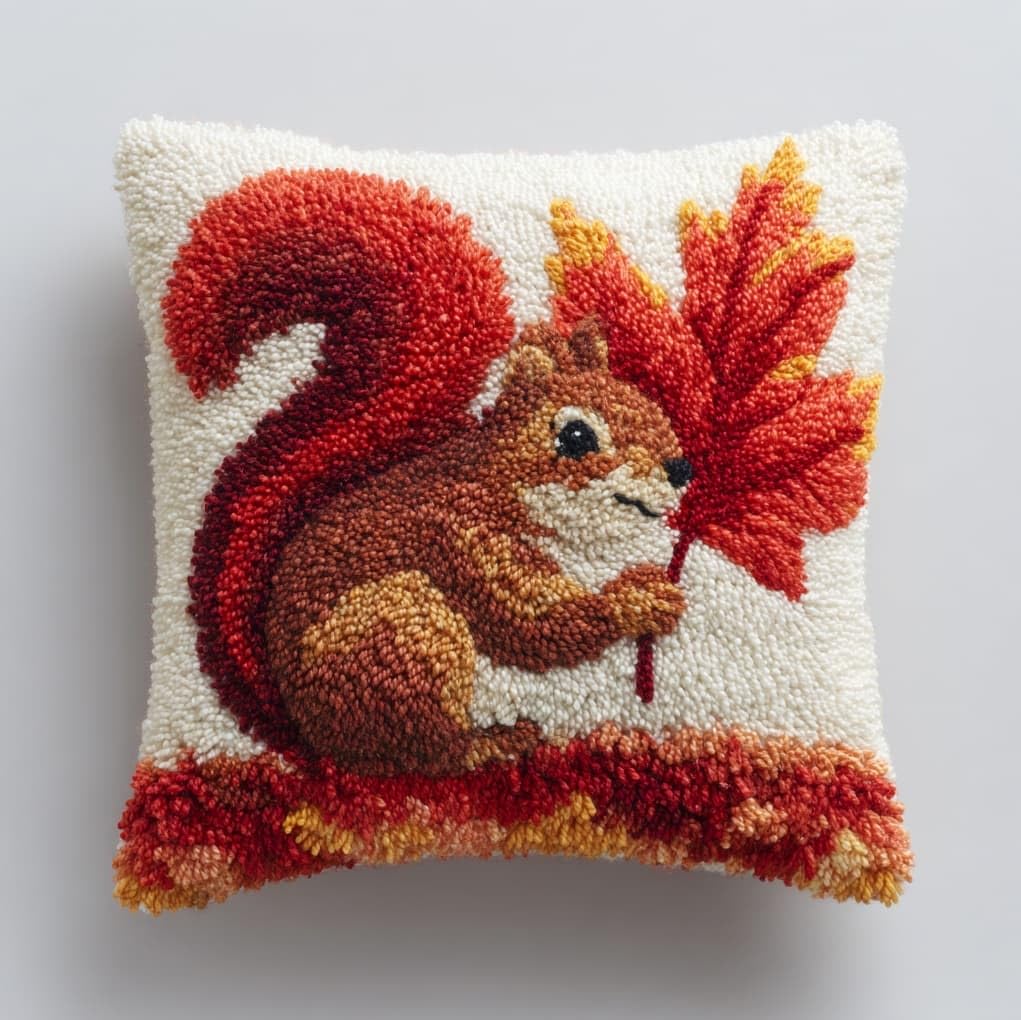 Henypt Premium Latch Hook Kit,Maple Leaves and Squirrels 43x43cm DIY Sofa Pillow Cover,Printed Pattern Crochet Kit with Tools & Yarn for All Ages