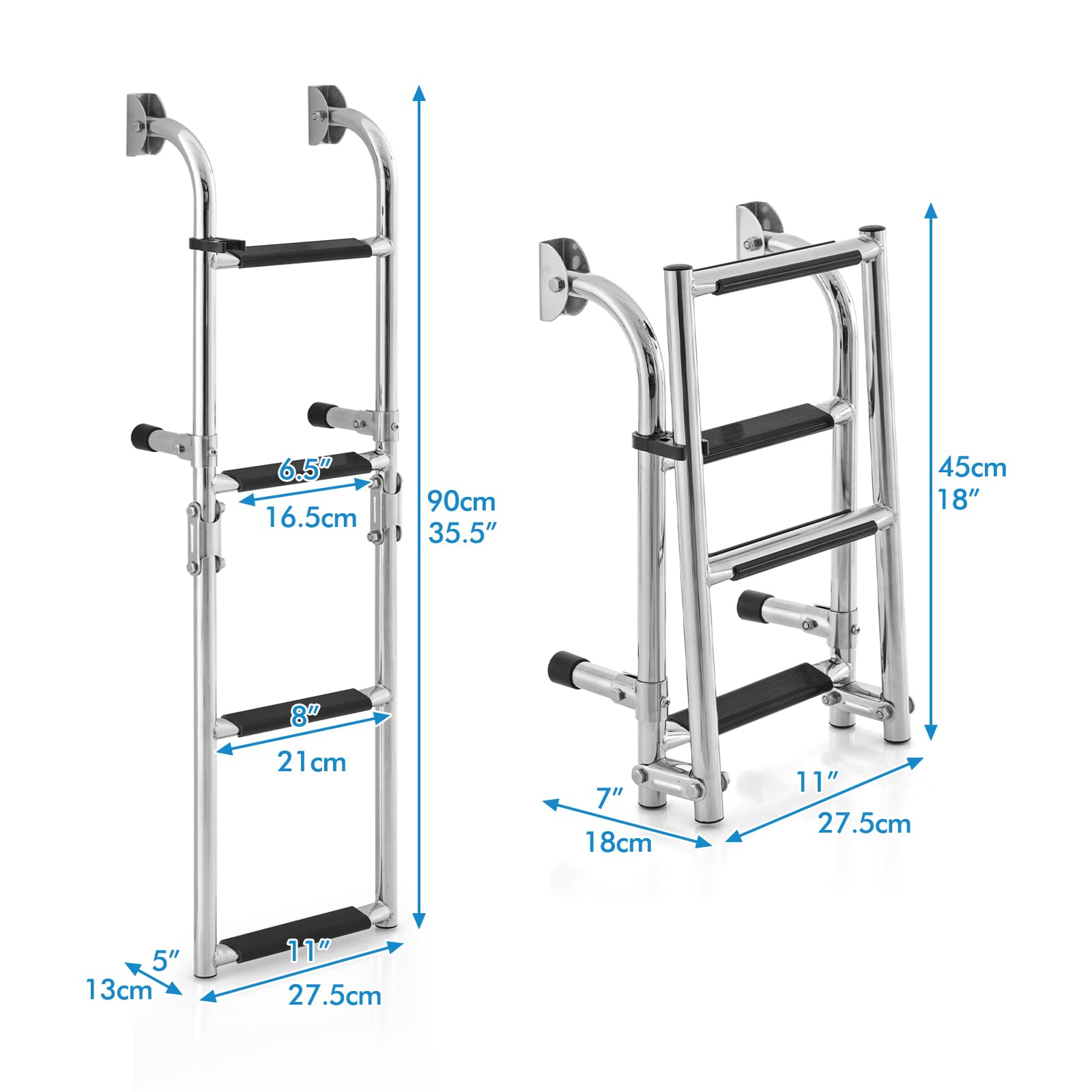 GOPLUS - Escalera de piscina de acero inoxidable 304, escalera de pontón plegable de 4 pasos antideslizante de PVC, adaptador de suelo, clips de plástico, para piscina, barcos, pontones (90 x 27,5 x