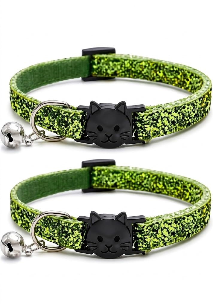 Glitter Cat and Kitten Collar with Bell and Safety Release Buckle, Adjustable 19-35cm Design, Pack of 2, Available in Red, Pink, Blue, Silver and Gold. (Light Green)