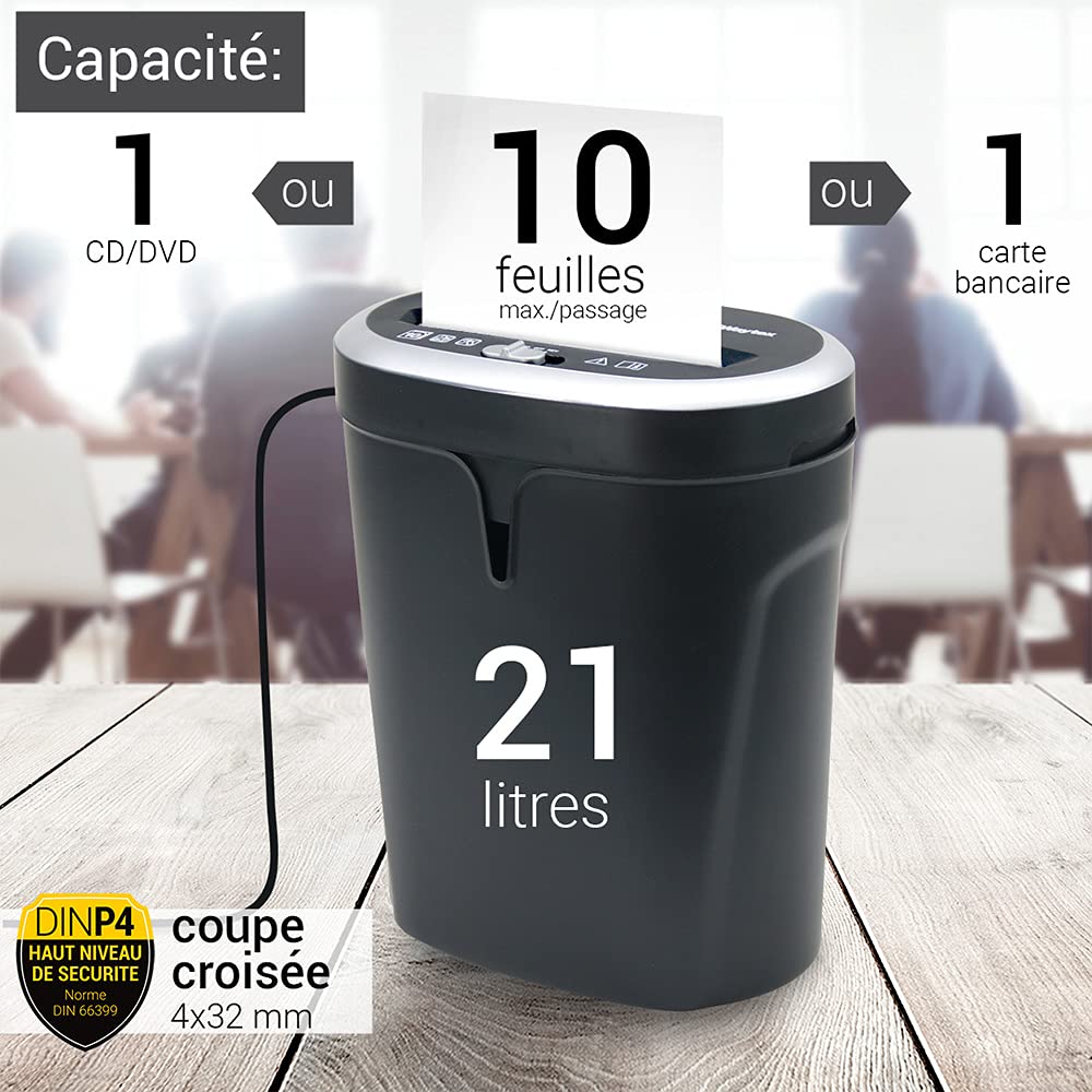 WAYTEX 77320 Destructeur de Documents Coupe Croisée 10 Feuilles CD et DVD avec Grand Bac de 21L