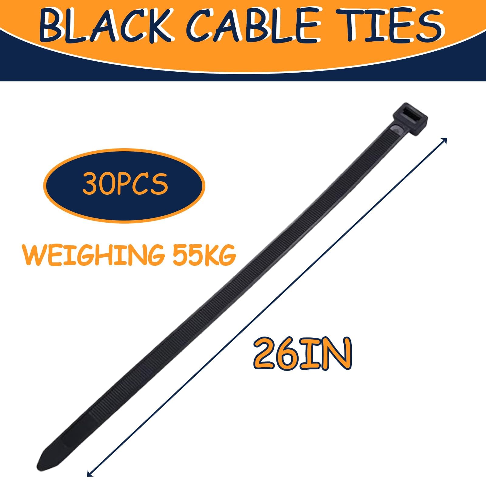 30 PCS Black Cable Ties Heavy Duty,Large Cable Ties for Both Indoor and Outdoor 26IN Long with 55 KGS Ultra Strong Tensile Strength - Image 2
