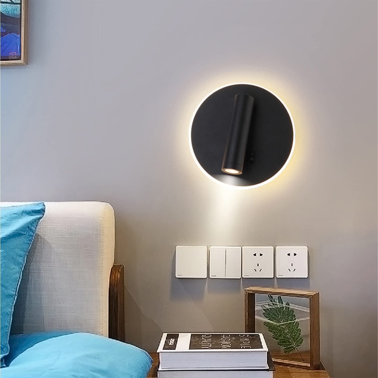 Lámpara de pared LED, lámpara de pared de lectura junto a la cama, lámparas de lectura de pared LED de 12 W, foco ajustable （3 W + 9 W 3000 K luz cálida） (negro Forma redonda 2PCS)