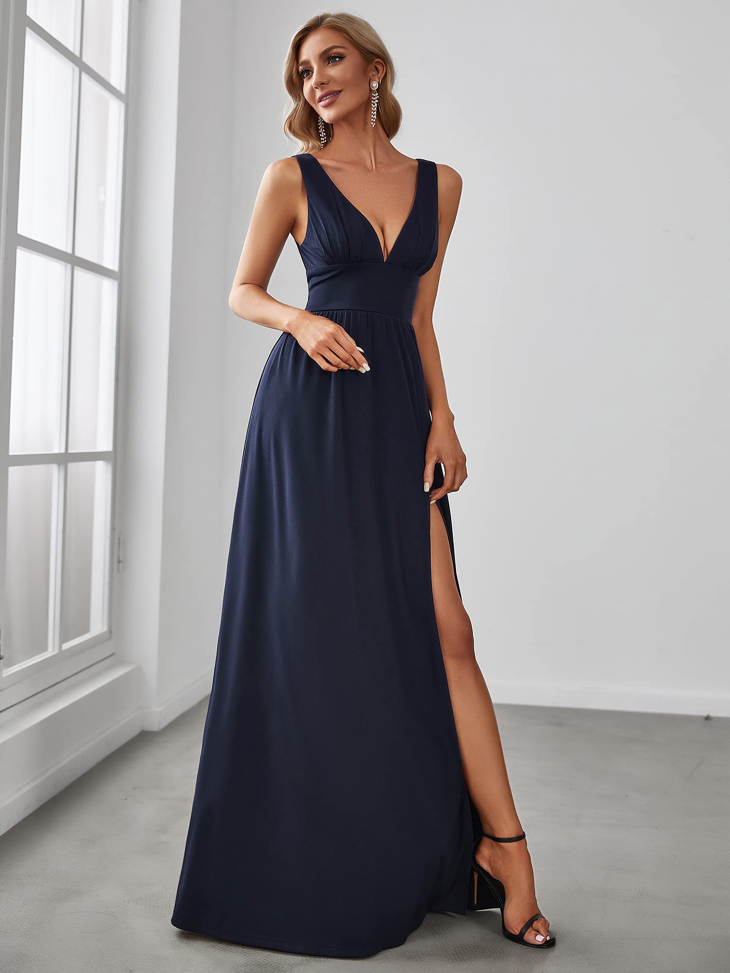 Ever-Pretty Abito da sera da donna, elasticizzato, con scollo a V, senza maniche, lungo fino al pavimento, EE0168B