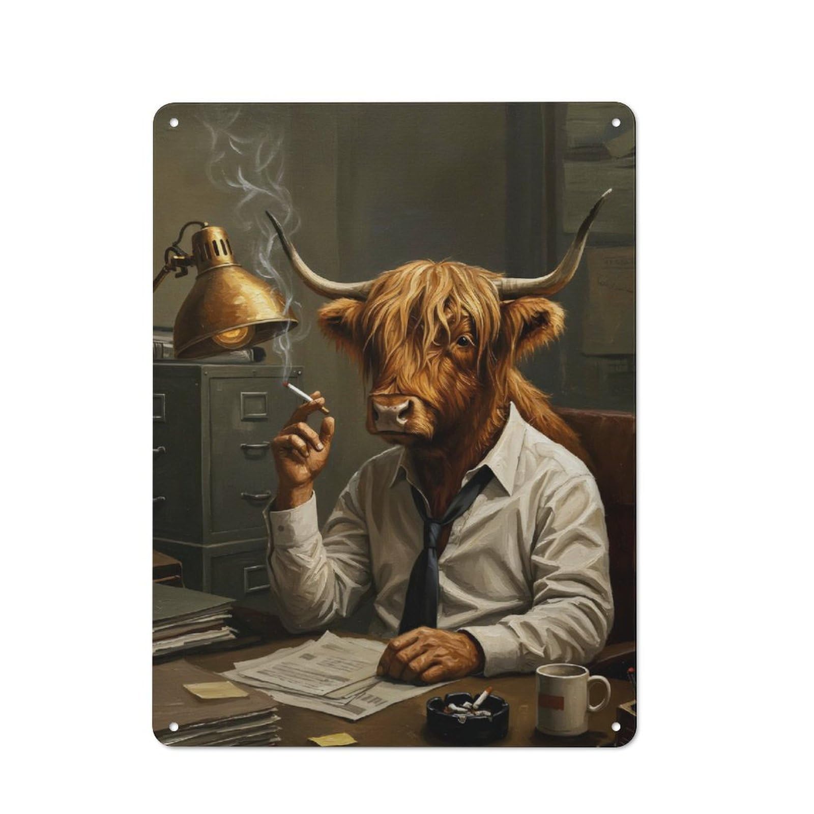 Anthropomorphic Highland Cow Businessman Smoking Kitchen Metal Sign 40x30cm, Country Style Kitchen Wall Decor for Restaurant, Kitchen, Counter Or Breakfast Nook