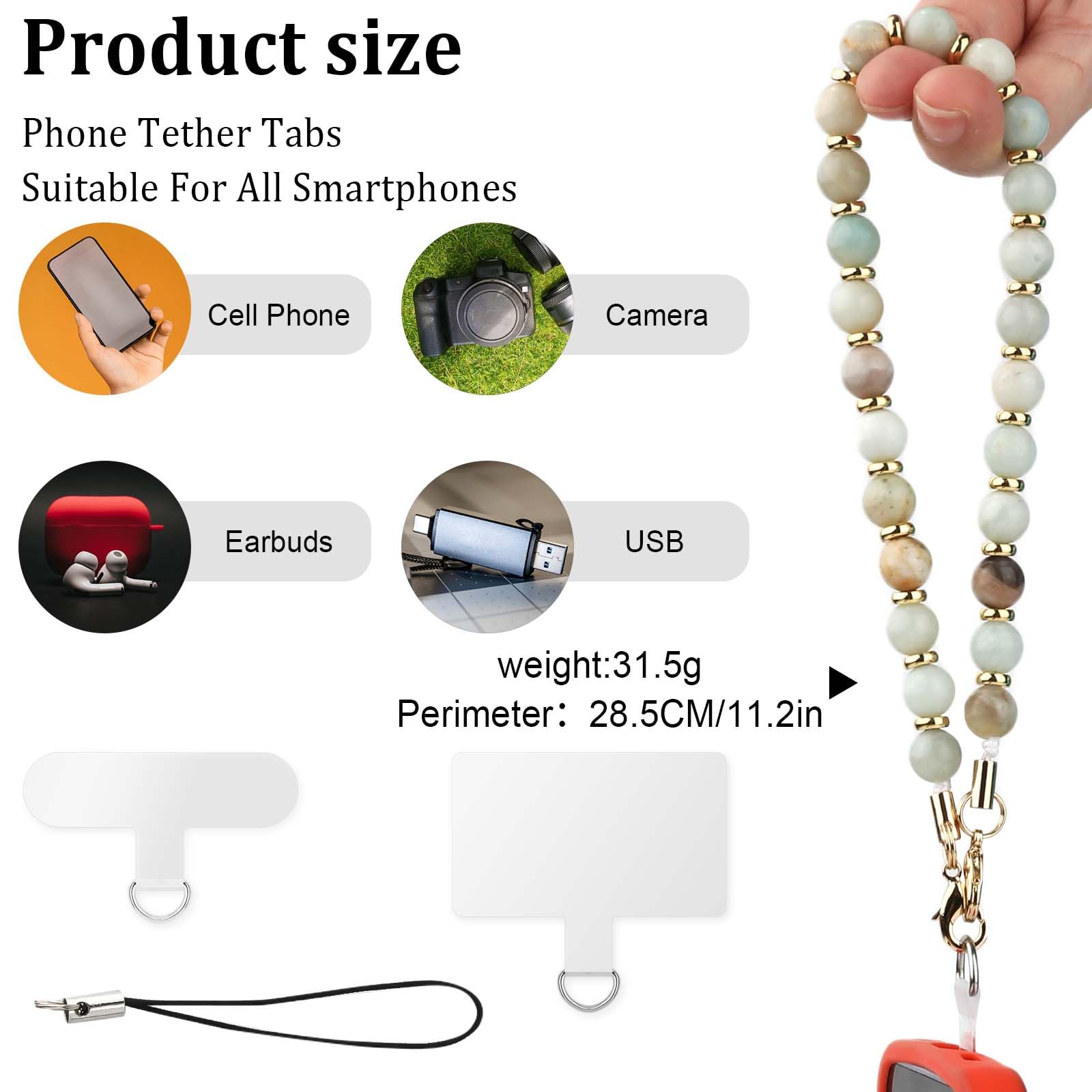 XIHIRCD Phone Lanyard Wrist Strap, Crystal Stone Beaded Phone Wrist Strap, Detachable Bracelet Chain with 2pcs Tether Tabs for Women (Multicolored)