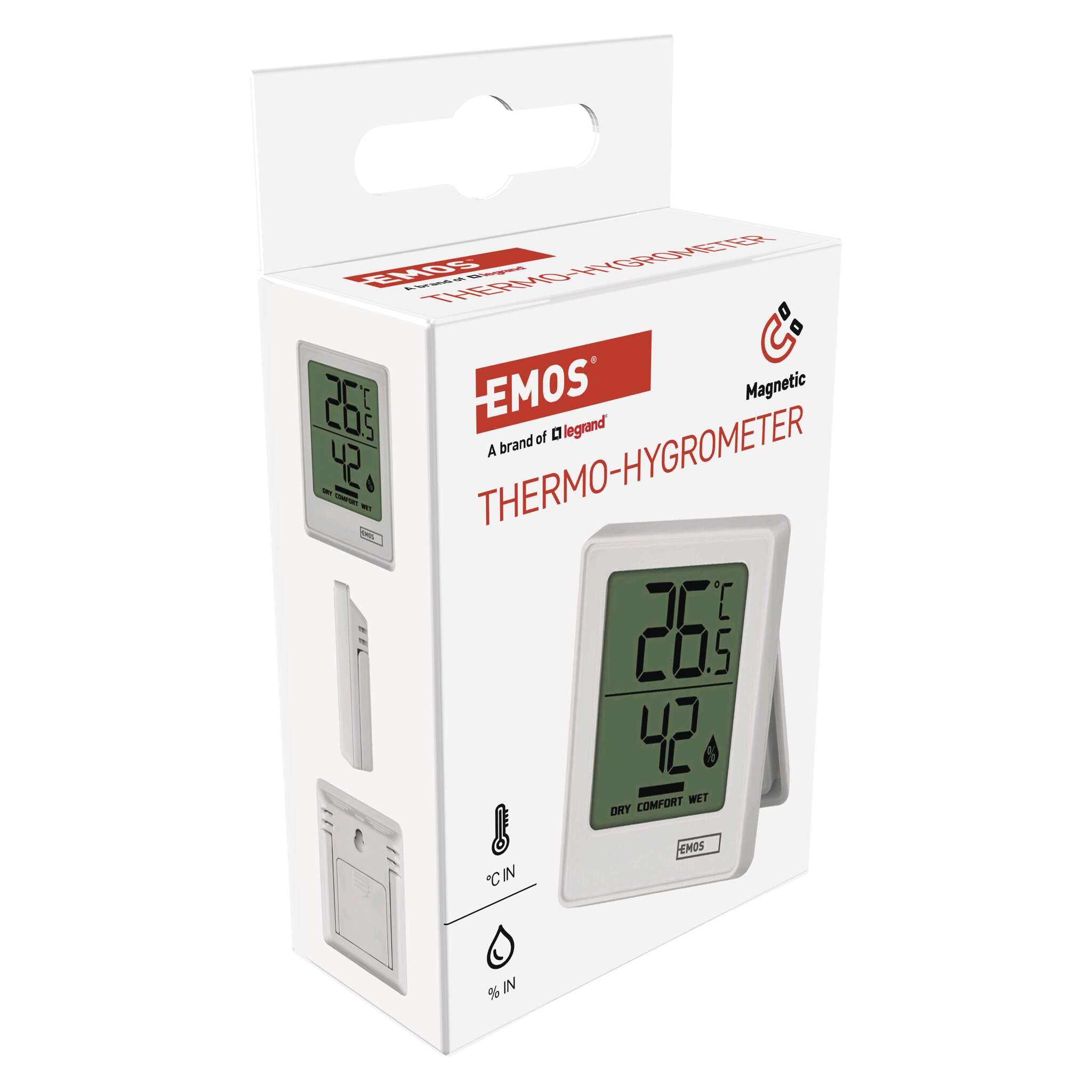 EMOS Termometr wewnętrzny i higrometr, zasilany bateriami (w zestawie CR2032), temperatura wewnętrzna °C/°F, zakres pomiarowy od -10°C do +50°C, symbol komfortu dla wilgotności powietrza w