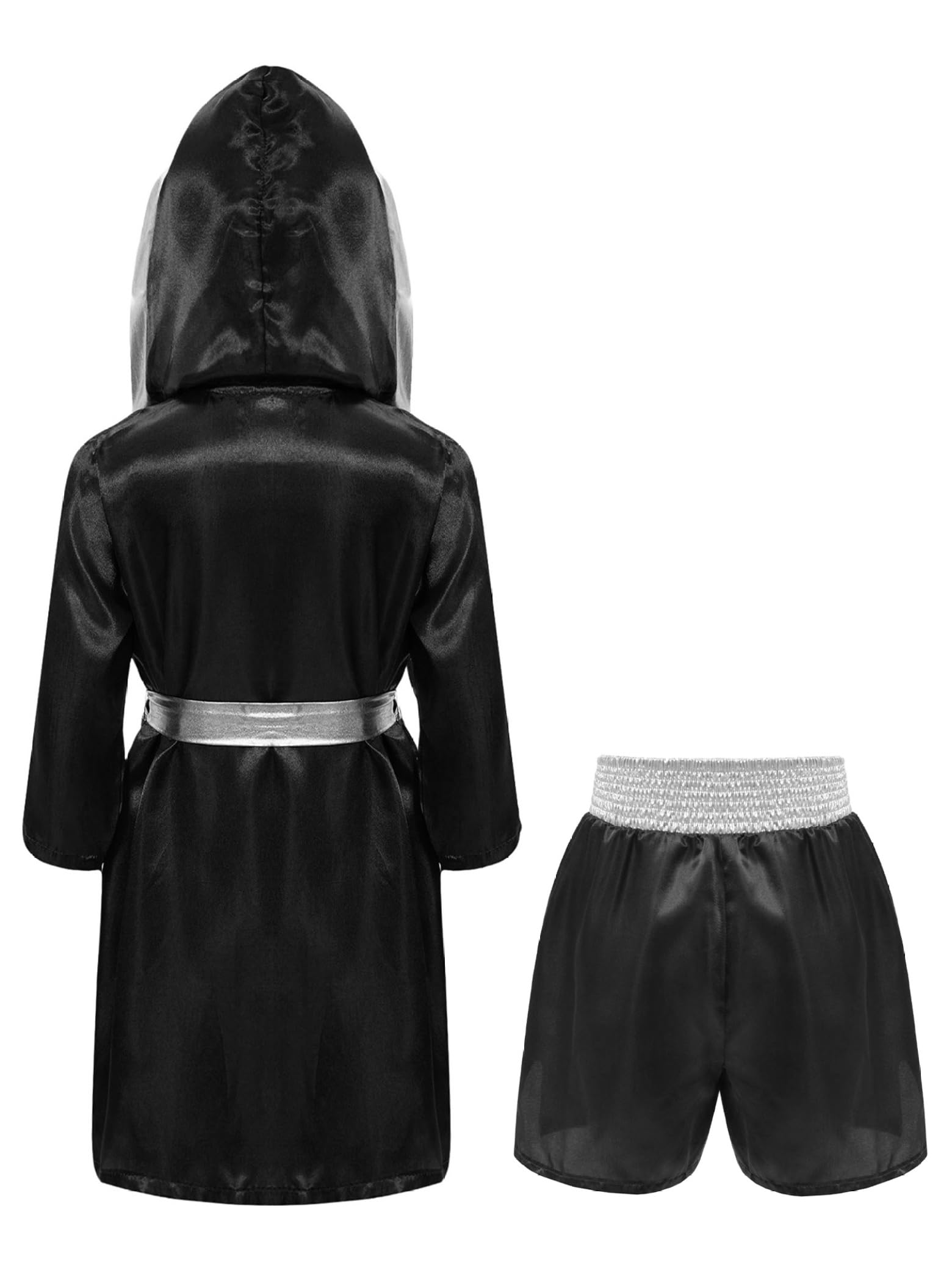 Ropa de boxeo para niños, pantalones cortos de boxeo, juego de abrigo de boxeo, pantalones cortos de muay tailandés, pantalones cortos de satén con capucha, kickboxing, artes marciales, traje