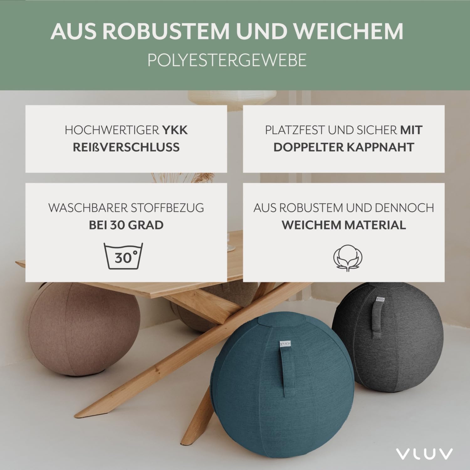 Ballon-siège VLUV STOV, siège ergonomique pour le bureau et la maison, couleur: Anthracite (gris foncé), Ø 60cm - 65cm, Tissu d’ameublement de qualité supérieure, robuste et indéformable avec une poignée de transport